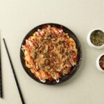 Okonomiyaki, Japanese Osaka Seafood Pancake with Dried Bonito
